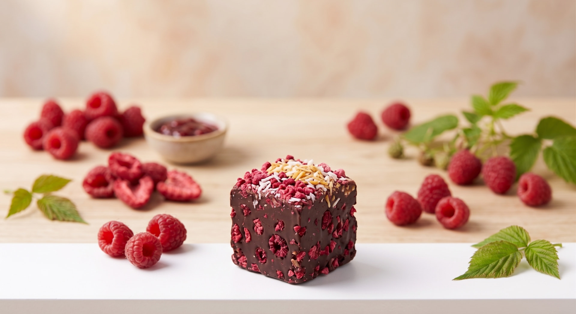 Dark chocolate energy cube topped with crushed freeze-dried raspberries, surrounded by fresh raspberries