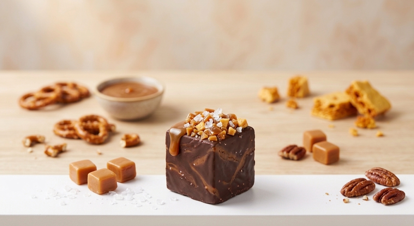 Dark chocolate energy cube drizzled with caramel and topped with sea salt and nuts, beside caramel pieces and pretzels